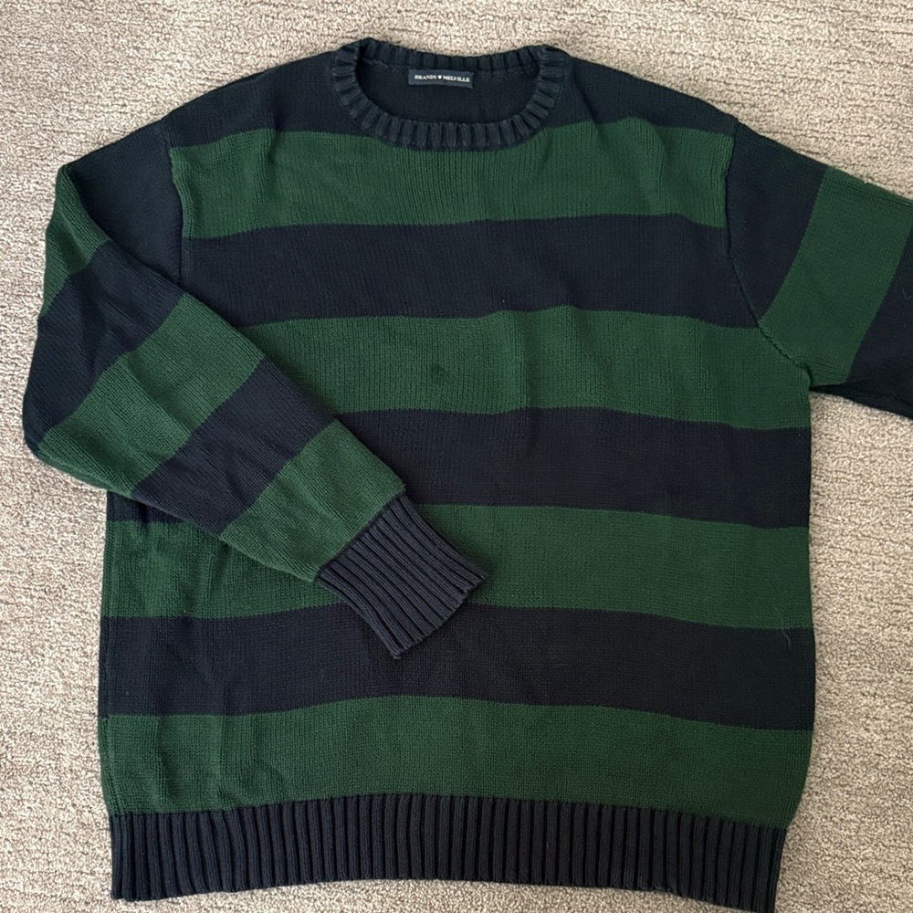 Brandy Melville Green and Black Striped Crewneck Sweater